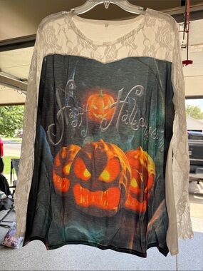 Halloween Lace Sleeve Top with Orange Pumpkin Print